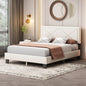 Simple Queen Size Upholstered Bed Frame with Rivet Design, Modern Velvet Platform Bed with headboard, Beige