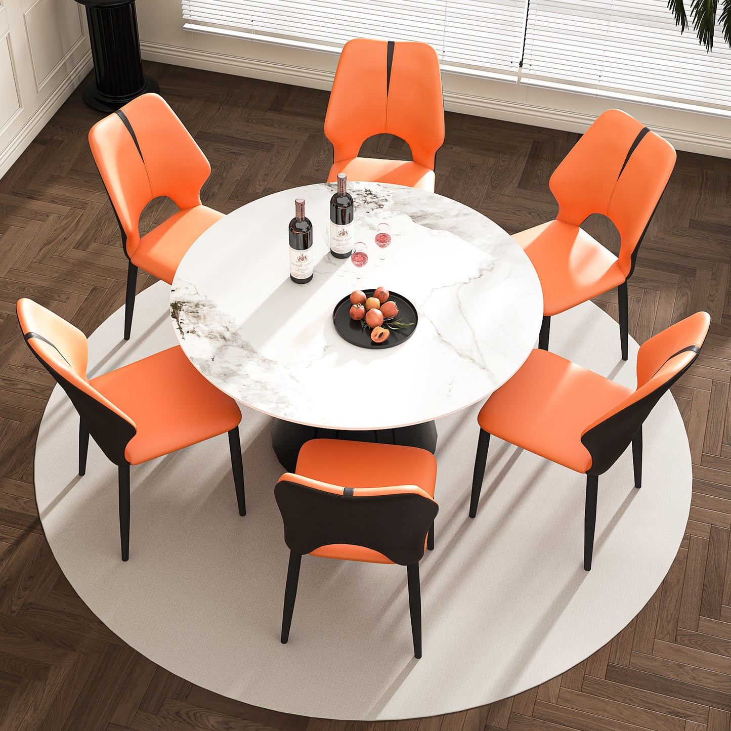 53' Marble Round Dining Table, Sintered Stone Round Dining Table with Stainless Steel Cone Base, Sturdy Dining Table for Kitchen Dining Room for 4-6 people (with 6 Orange Chairs)