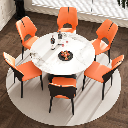 53' Marble Round Dining Table, Sintered Stone Round Dining Table with Stainless Steel Cone Base, Sturdy Dining Table for Kitchen Dining Room for 4-6 people (with 6 Orange Chairs)