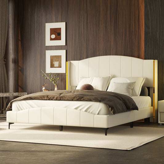 Queen Size PU Leather Upholstered Platform Bed, Headboard with Wingback and Metal Bar Accents, No Box Spring Required, Beige