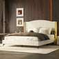 Queen Size PU Leather Upholstered Platform Bed, Headboard with Wingback and Metal Bar Accents, No Box Spring Required, Beige