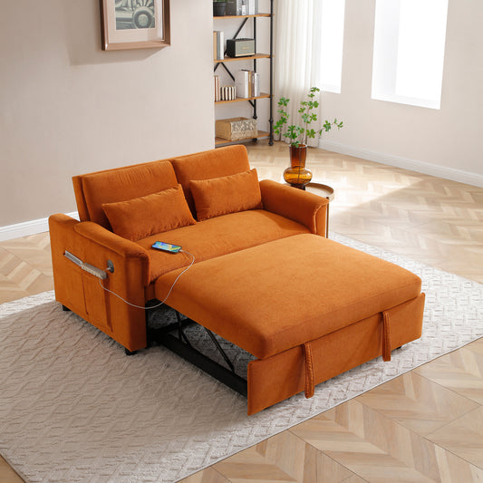 55' Velvet Two Seater Pull Out Sofa Bed, Adjustable Backrest With  USB Ports, Two Side Pockets, 3 in 1 Convertible Sleeper Sofa Bed, Modern Love Seat Lounge,2 waist pillows for living rooms