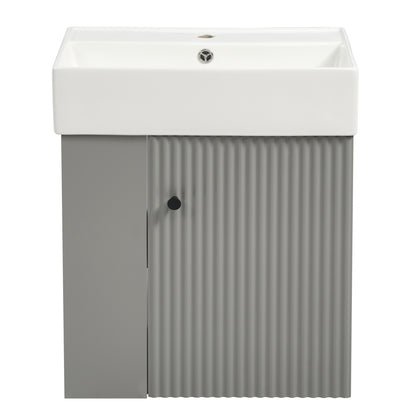 Modern Floating Bathroom Vanity with Ceramic Basin, Left Side Storage, Gray MDF, 21.6 Inch
