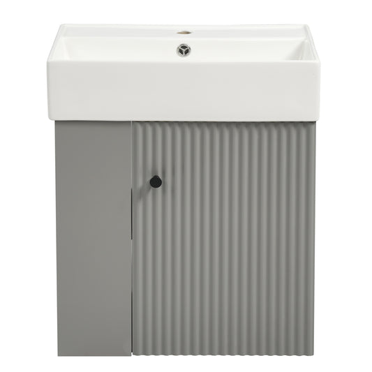 Modern Floating Bathroom Vanity with Ceramic Basin, Left Side Storage, Gray MDF, 21.6 Inch