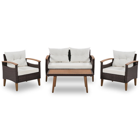 4 Piece PE Rattan Outdoor Sofa Set with Wood Table and Legs, Brown and Beige