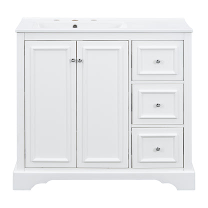 36'' Transitional Bathroom Vanity with Ceramic Sink - White Painted Finish, Solid Wood Frame, Soft-Close Doors, Adjustable U-Shelf, 3 Drawers