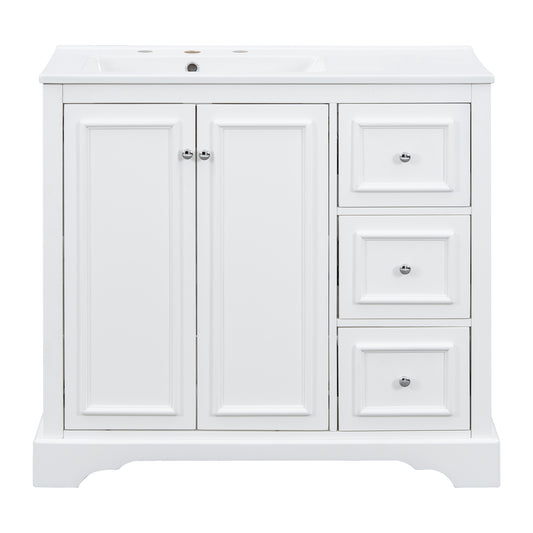 36'' Transitional Bathroom Vanity with Ceramic Sink - White Painted Finish, Solid Wood Frame, Soft-Close Doors, Adjustable U-Shelf, 3 Drawers