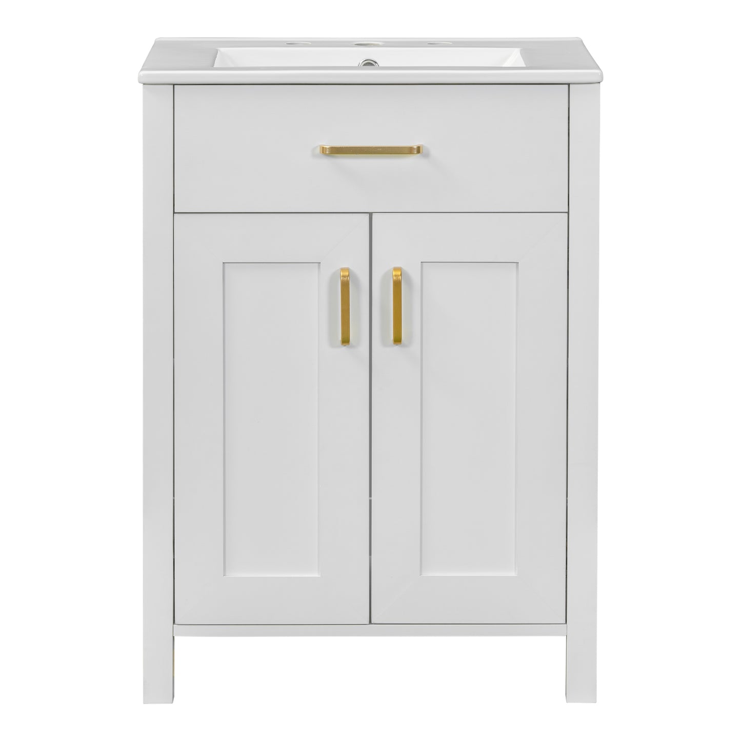 Luxurious Space-Saving 24' Bathroom Vanity Combo with Ceramic Sink, Gold Handles, Solid Wood and MDF, 24.2'W*18.3'D*34'H