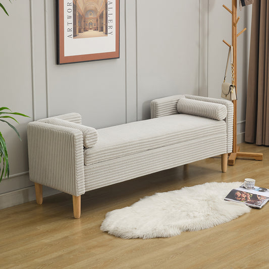 65.35'Wide Corduroy Storage Soft Bench with Armrests, Backrest and Two bolster Pillows for Living Room, Entryway and Bedroom. Light Gray