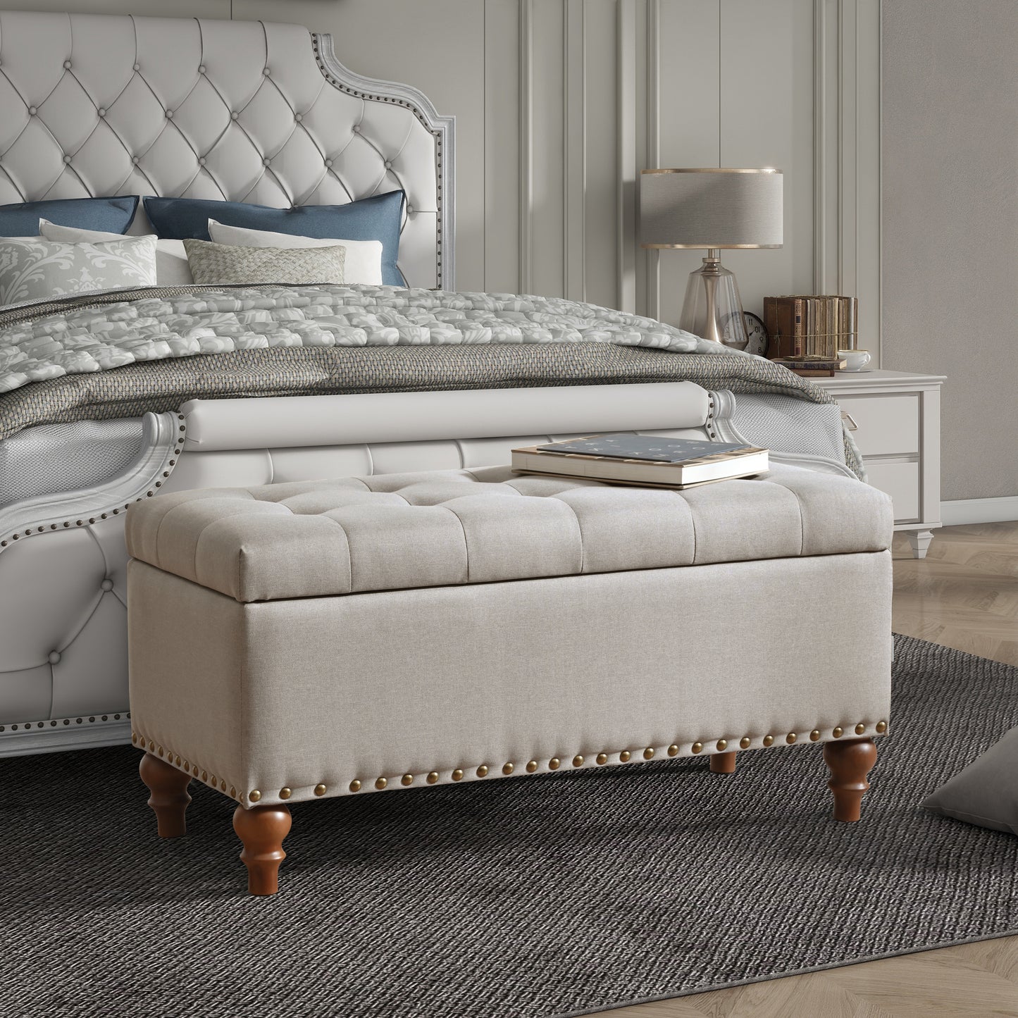 Ottoman storage bench, recessed support hinge top easy to open, rivet trim around, bedroom, entrance, living room, linen (Beige)