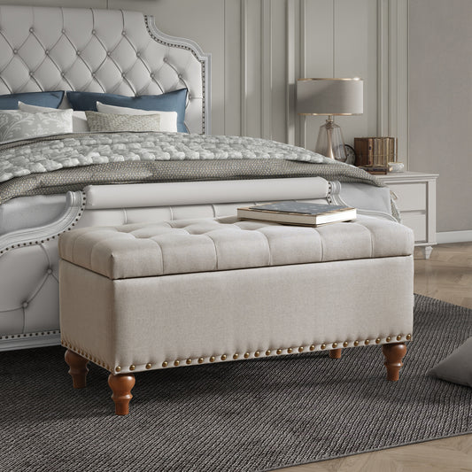 Ottoman storage bench, recessed support hinge top easy to open, rivet trim around, bedroom, entrance, living room, linen (Beige)