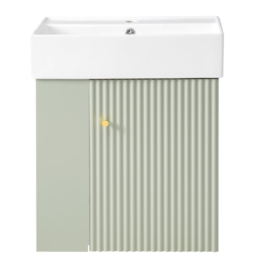 Modern Floating Bathroom Vanity with Ceramic Basin and Left Side Storage, Green, 21.6 inches