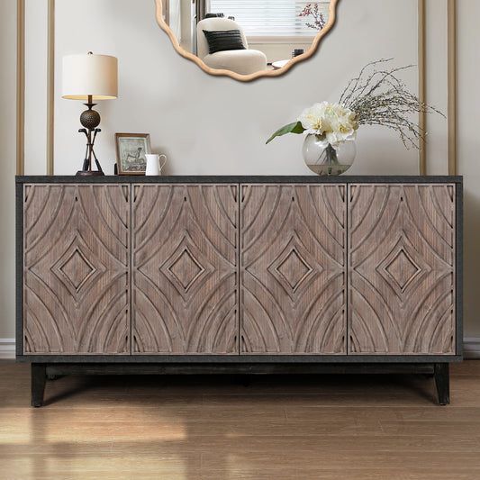 Mid Century Sideboard Buffet Cabinet with Solid Wood Legs 60' Kitchen Storage Cabinet Credenza with 4 Convex pattern diamond Doors and 2 Shelves Accent Console Table for Living Room  Entrance Hall etc