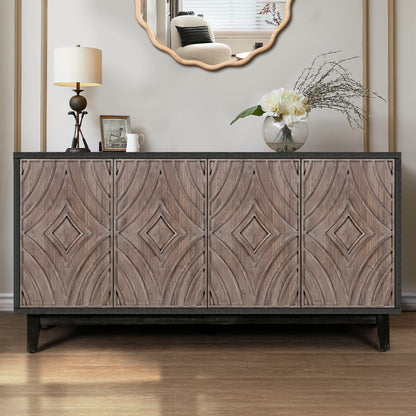 Mid Century Sideboard Buffet Cabinet with Solid Wood Legs 60' Kitchen Storage Cabinet Credenza with 4 Convex pattern diamond Doors and 2 Shelves Accent Console Table for Living Room  Entrance Hall etc