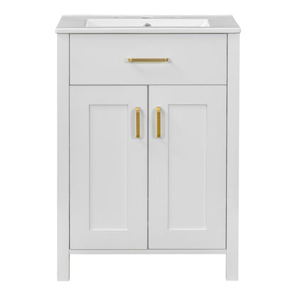 Modern 48-Inch White Bathroom Vanity with Ceramic Sink, Soft-Close Doors, Flip Drawer, U-Shaped Shelves, Gold Accents, Solid Wood Frame