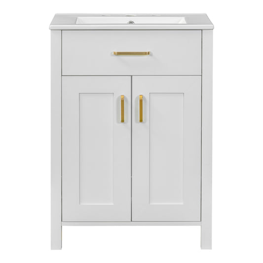 Modern 48-Inch White Bathroom Vanity with Ceramic Sink, Soft-Close Doors, Flip Drawer, U-Shaped Shelves, Gold Accents, Solid Wood Frame