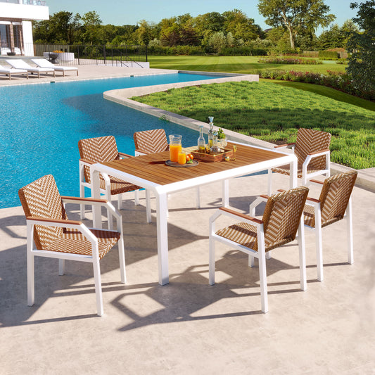 7 Piece Patio Dining Table Set, Outdoor Wicker Furniture Set of 6 Chairs, Two Tone Weave Rattan, Acacia Wood Tabletop, Outdoor Dining Set for Backyard and Garden, Brown