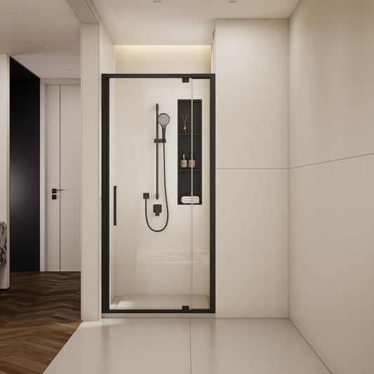 32-36' W x 76' H Scalable adjustable frame Shower Door with 1/4'(6mm) Clear SGCC Tempered Glass,Aluminium Alloy Matte Black Finish Shower Doors,Reversible Installation