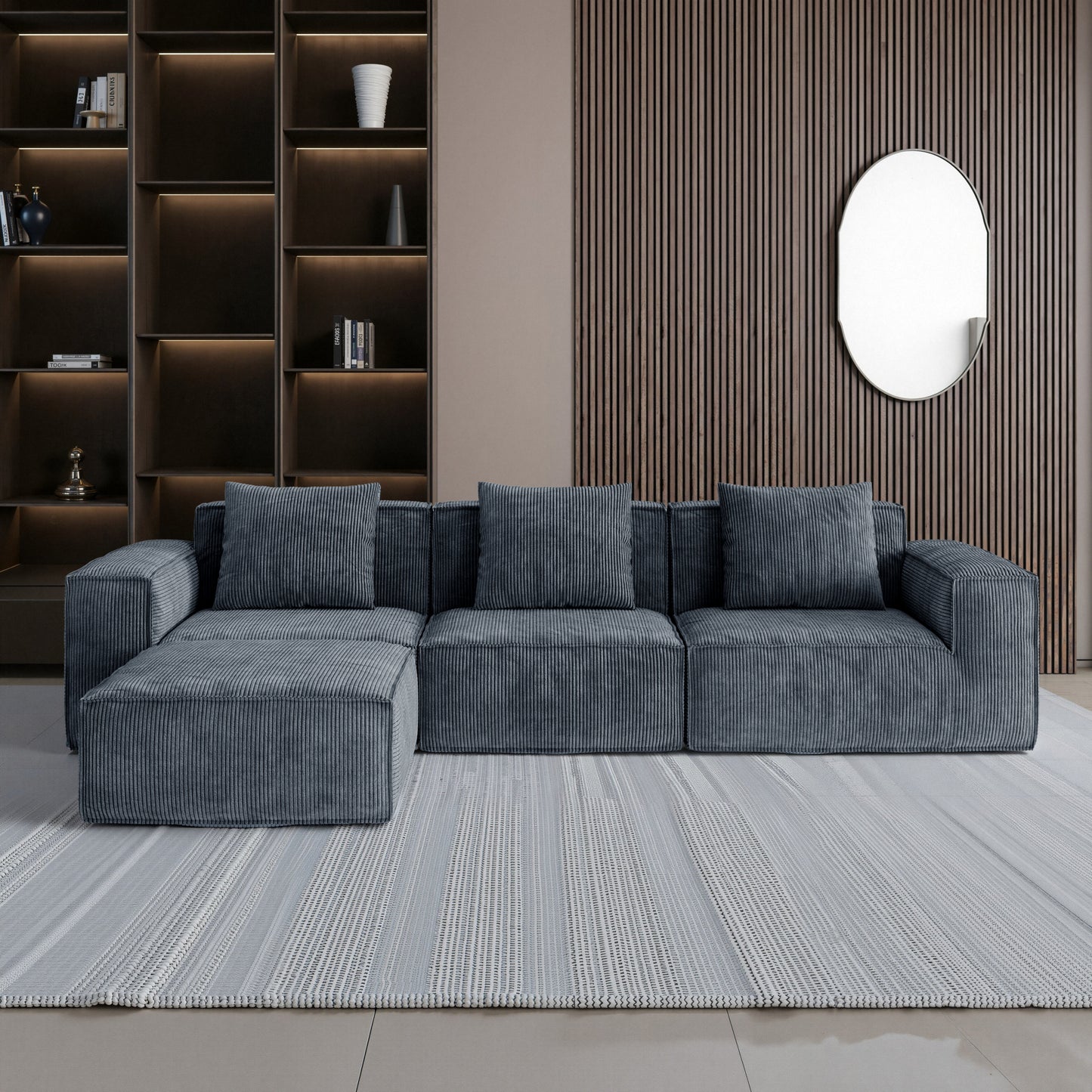 118-inch modular sofa can be converted into an oversized sofa bed Free conversion sofa set flexible configuration, soft corduroy cloud velvet fabric Three-person combination with footrest  gray