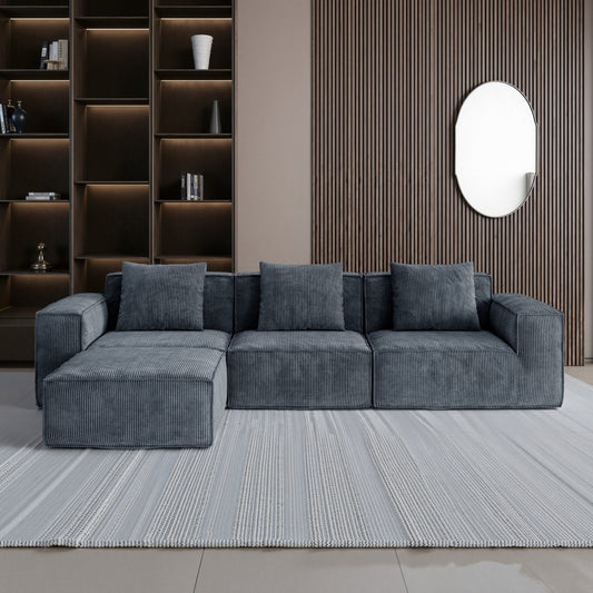 118-inch modular sofa can be converted into an oversized sofa bed Free conversion sofa set flexible configuration, soft corduroy cloud velvet fabric Three-person combination with footrest  gray