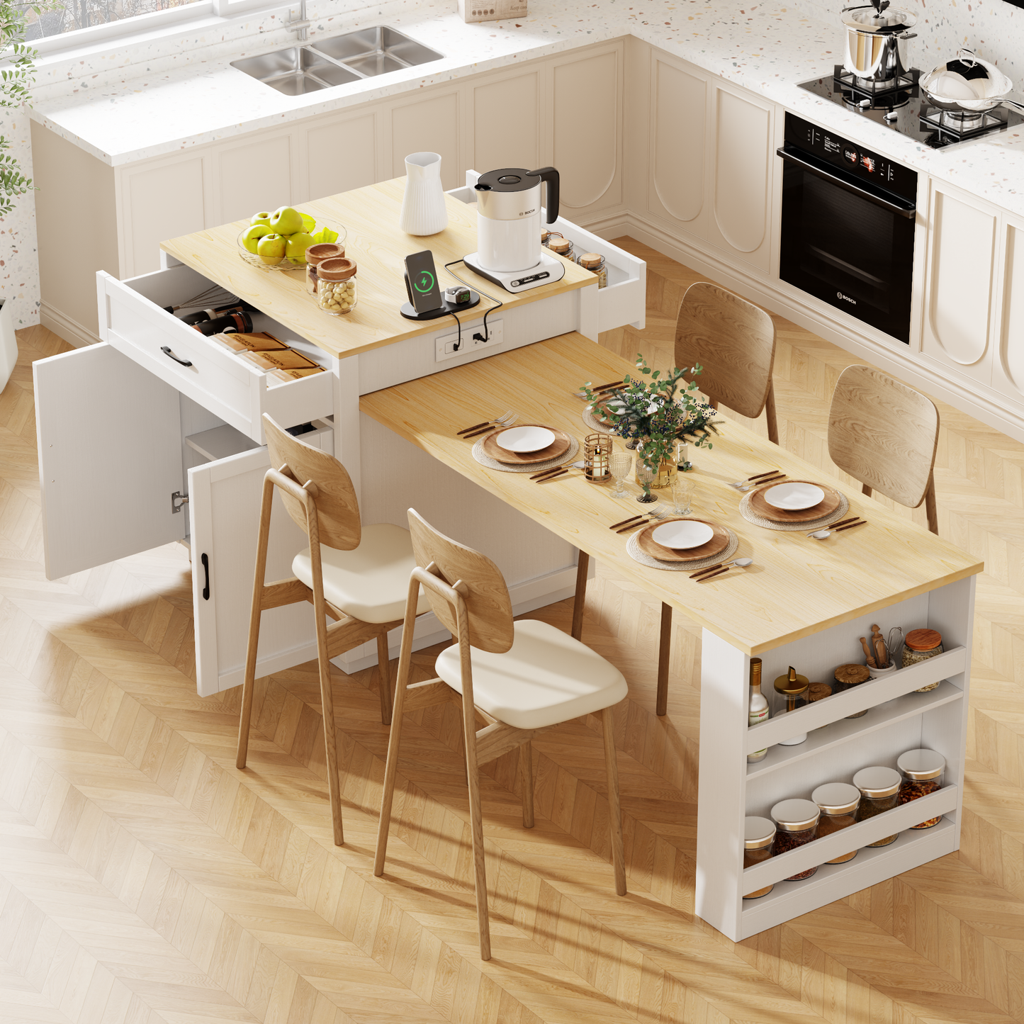 K&K 82.7 inch Kitchen Island with Extendable Dining Table for 4-6 Person,Two-tone Kitchen Table with Double-sized Storage, Power Outlet, Kitchen island with Storage 2 Drawers 2 Side Open Shelves,White