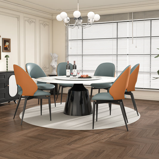 59' Marble Round Dining Table, Sintered Stone Round Dining Table with Stainless Steel Cone Base, Sturdy Dining Table for Kitchen Dining Room for 4-6 people (with 6 Gray Chairs)