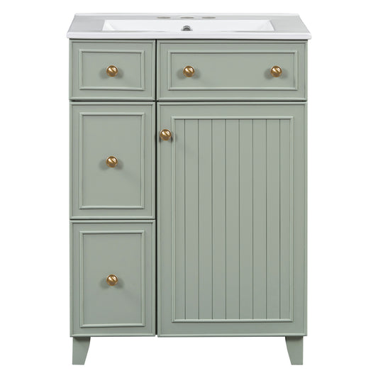 Transitional Style 24-Inch Bathroom Vanity Cabinet with Ceramic Sink, Green Solid Wood and MDF