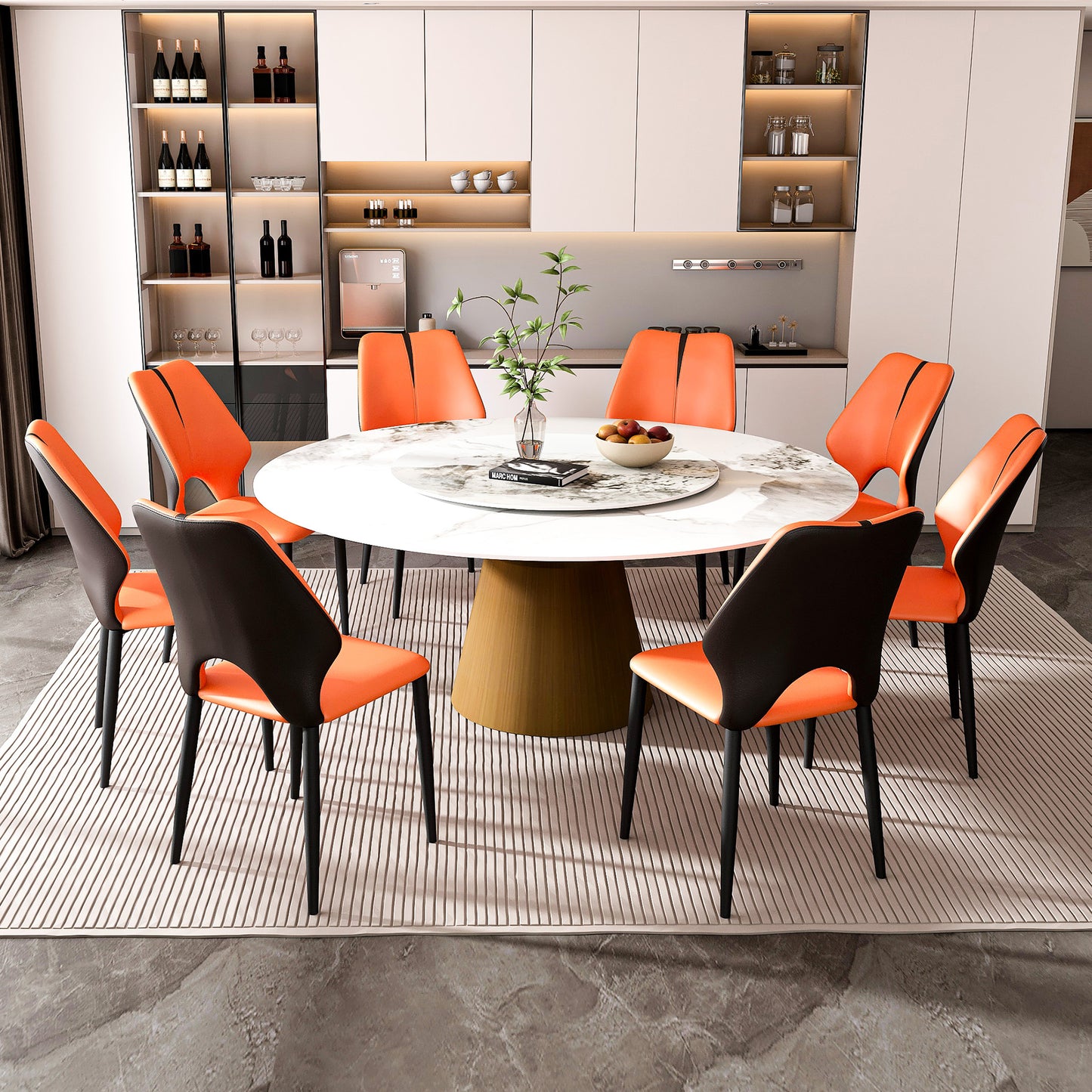 59' Marble Round Dining Table, Sintered Stone Round Dining Table with Stainless Steel Cone Base, Sturdy Dining Table for Kitchen Dining Room for 4-6 people-Bronzed Base with 8 Chairs