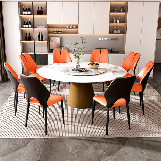 59' Marble Round Dining Table, Sintered Stone Round Dining Table with Stainless Steel Cone Base, Sturdy Dining Table for Kitchen Dining Room for 4-6 people-Bronzed Base with 8 Chairs