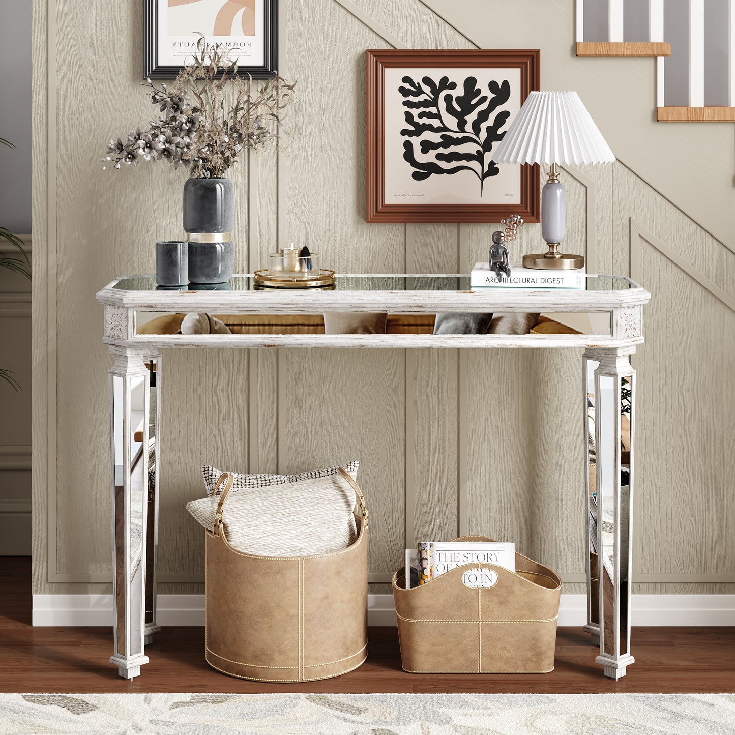 Mirror Console Table Vintage Wood Grain Carving Process Gorgeous and Noble for Entryway, Sofa Table,Living Room(48''W x 32.3''H x 18''D)