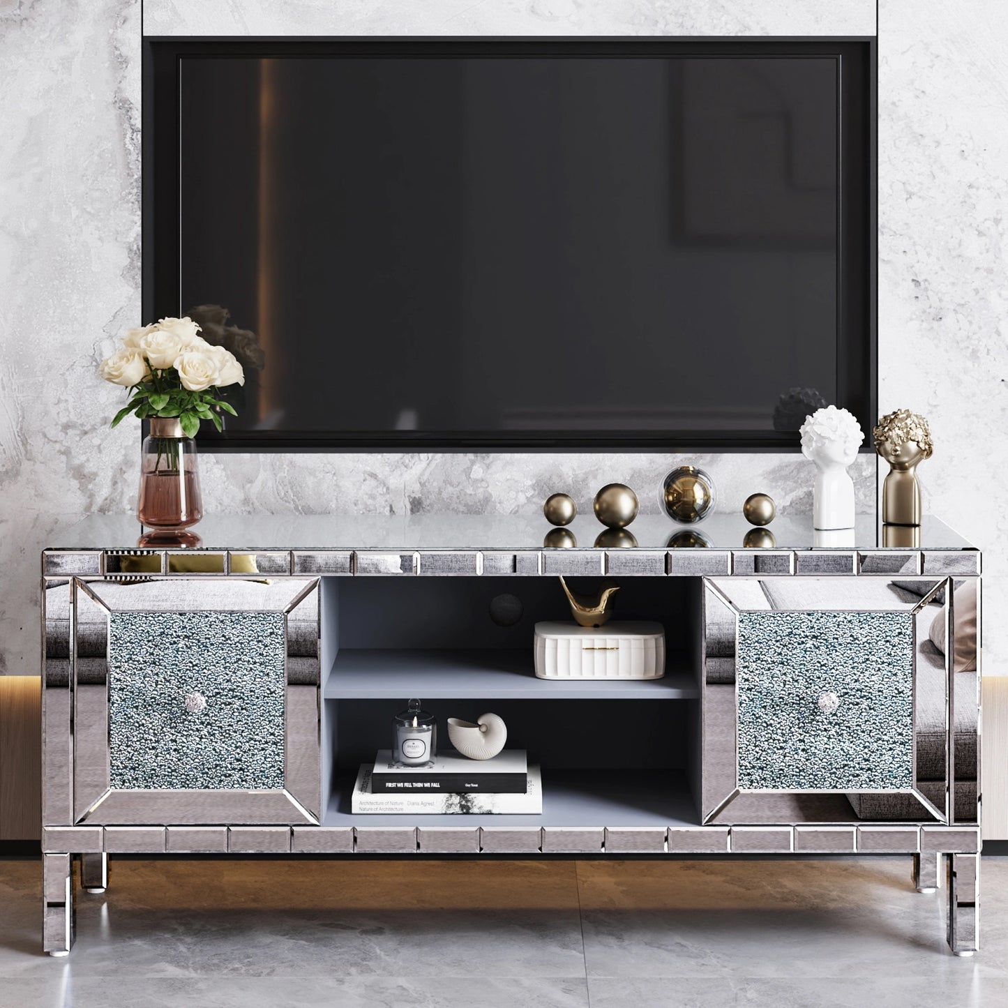 60' Mirrored TV Stand with Crushed Diamond Glass Doors - Modern Media Entertainment Center for Living Room, Adjustable Storage TV Console Table for 65-Inch TV