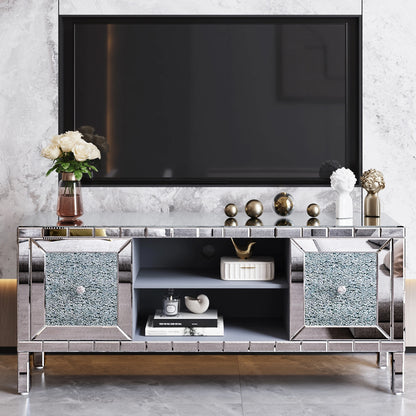 60' Mirrored TV Stand with Crushed Diamond Glass Doors - Modern Media Entertainment Center for Living Room, Adjustable Storage TV Console Table for 65-Inch TV