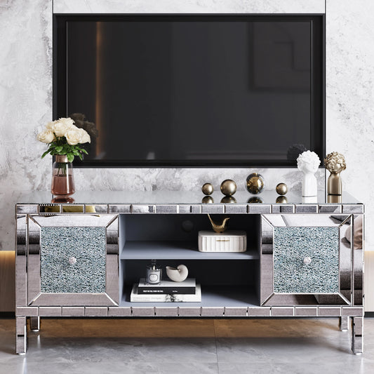 60' Mirrored TV Stand with Crushed Diamond Glass Doors - Modern Media Entertainment Center for Living Room, Adjustable Storage TV Console Table for 65-Inch TV