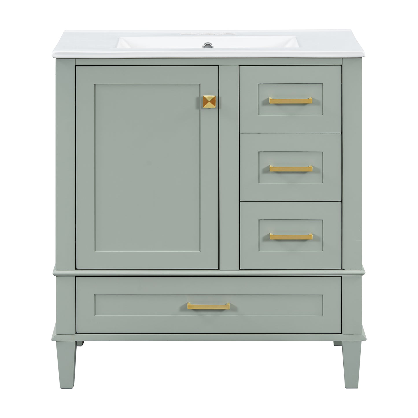 Modern 30-Inch Bathroom Vanity Set with Sink, featuring soft-close doors, Sage Green solid wood frame, MDF cabinet, and 3-drawer design
