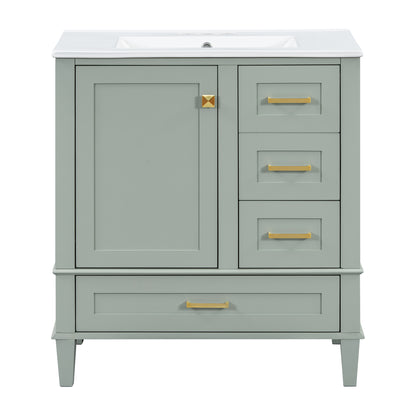 Modern 30-Inch Bathroom Vanity Set with Sink, featuring soft-close doors, Sage Green solid wood frame, MDF cabinet, and 3-drawer design