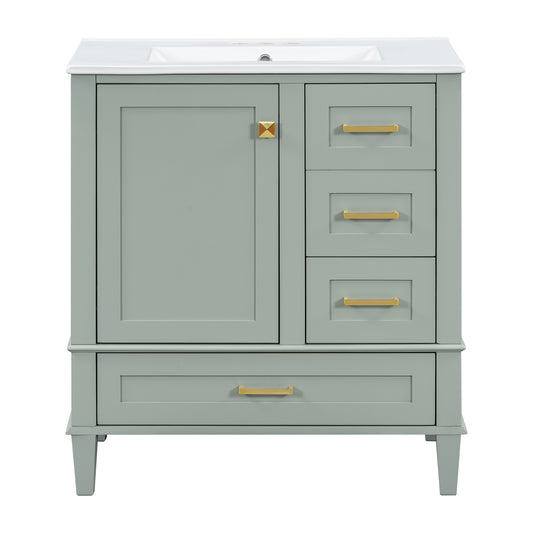 Modern 30-Inch Bathroom Vanity Set with Sink, featuring soft-close doors, Sage Green solid wood frame, MDF cabinet, and 3-drawer design