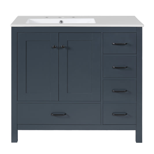 Modern Blue Bathroom Vanity with Ceramic Sink Combo, Abundant Storage, Solid Wood & MDF, 36-inch