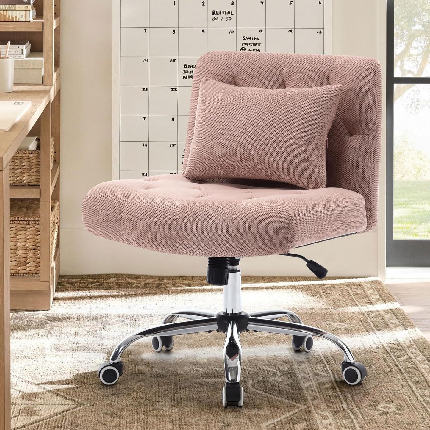 Armless Fabric Office Desk Chair with Wheels, Criss Cross Legged Wide Seat Chair, Modern Home Office Chair with Lumbar Pillow, Comfy Computer Task Chair for Small Space, Vanity Chair for Women, Girls