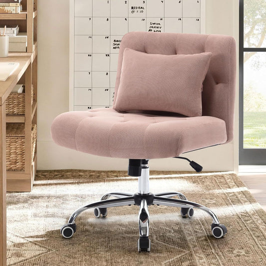 Armless Fabric Office Desk Chair with Wheels, Criss Cross Legged Wide Seat Chair, Modern Home Office Chair with Lumbar Pillow, Comfy Computer Task Chair for Small Space, Vanity Chair for Women, Girls