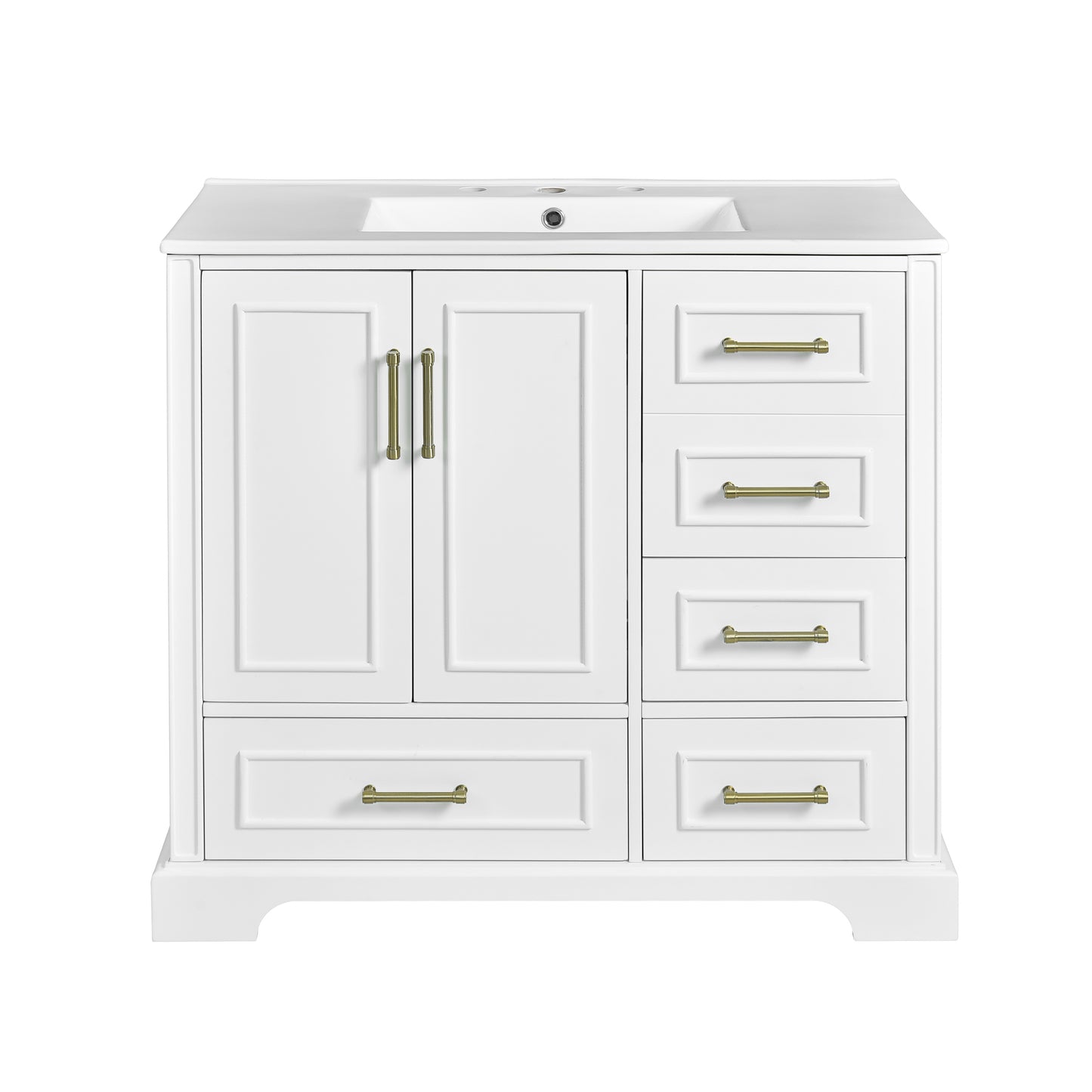 Traditional 36 Inch Bathroom Vanity Cabinet with Ceramic Sink, White with Soft Close Doors and Four Drawers
