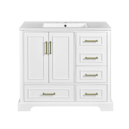 Traditional 36 Inch Bathroom Vanity Cabinet with Ceramic Sink, White with Soft Close Doors and Four Drawers