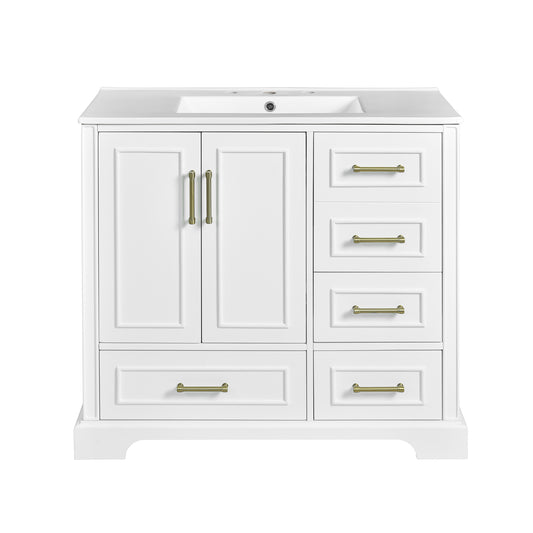 Traditional 36 Inch Bathroom Vanity Cabinet with Ceramic Sink, White with Soft Close Doors and Four Drawers