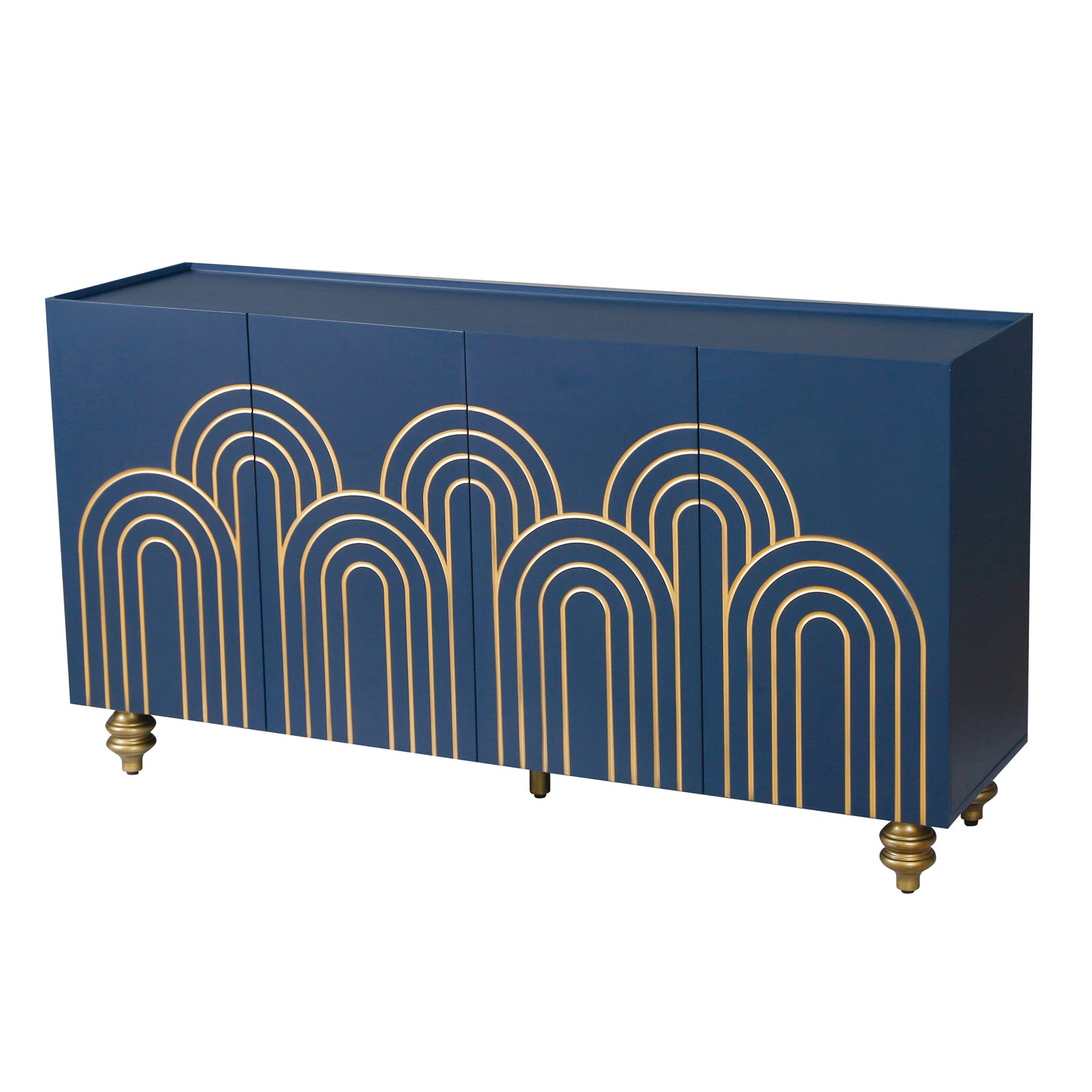 Modern Fluted Sideboard Buffet with Adjustable Shelves, Curve Element with Strict Lines, Navy Blue