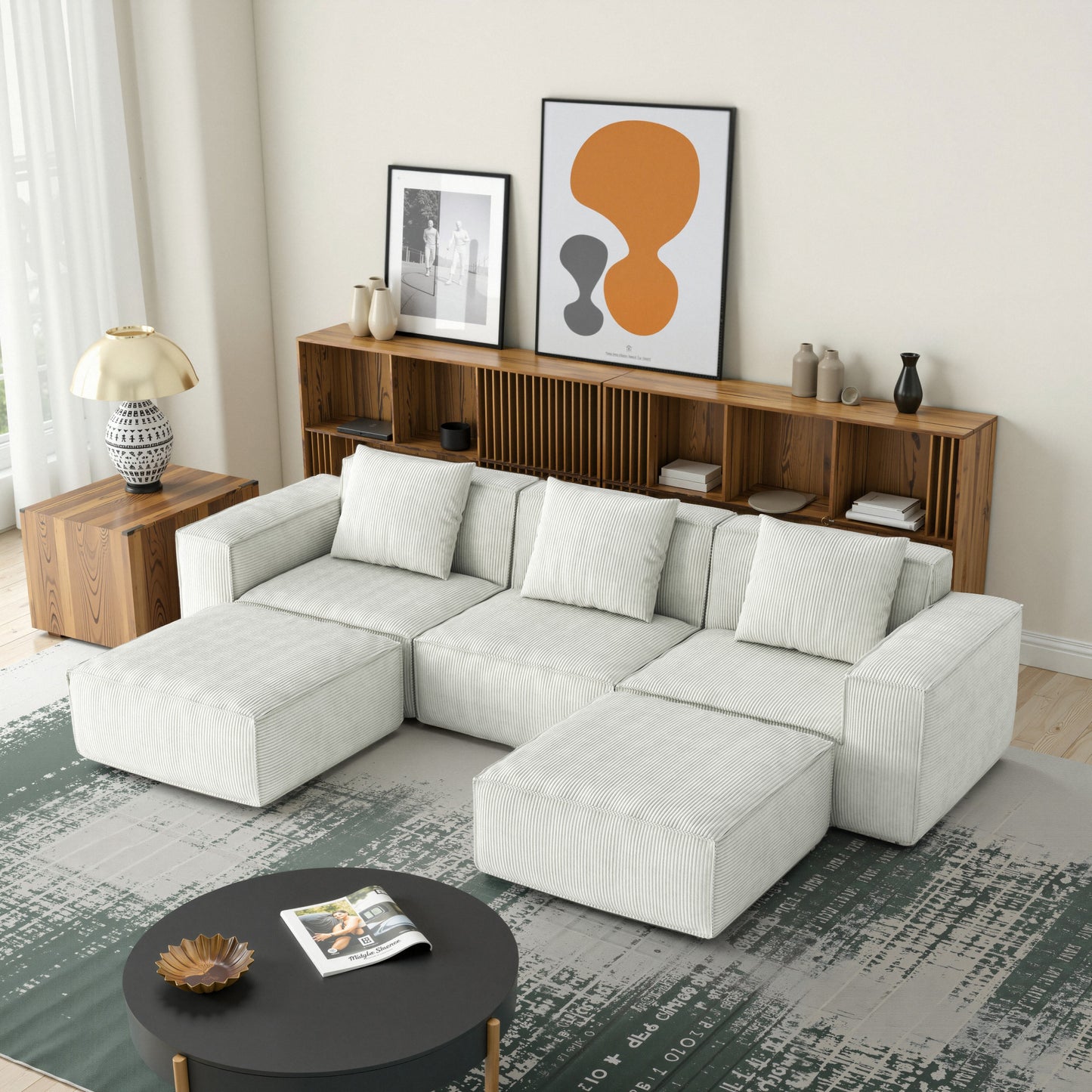118-inch modular sofa can be converted into an oversized sofa bed Free conversion sofa set flexible configuration, soft corduroy cloud velvet fabric Three-person combination with two footrest  white