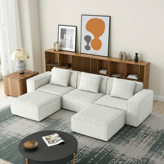 118-inch modular sofa can be converted into an oversized sofa bed Free conversion sofa set flexible configuration, soft corduroy cloud velvet fabric Three-person combination with two footrest  white