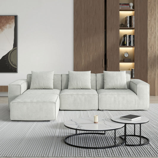 118-inch modular sofa can be converted into an oversized sofa bed Free conversion sofa set flexible configuration, soft corduroy cloud velvet fabric Three-person combination with footrest -white