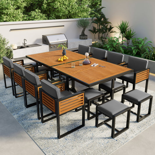 GO 18-Pieces Acacia Wood Patio Dining Set, Space Saving Outdoor Patio Set, 8 Cushioned Chairs & 8 Ottomans & 2 Square Table, for Backyard, Garden, Deck and Poolside, Gray