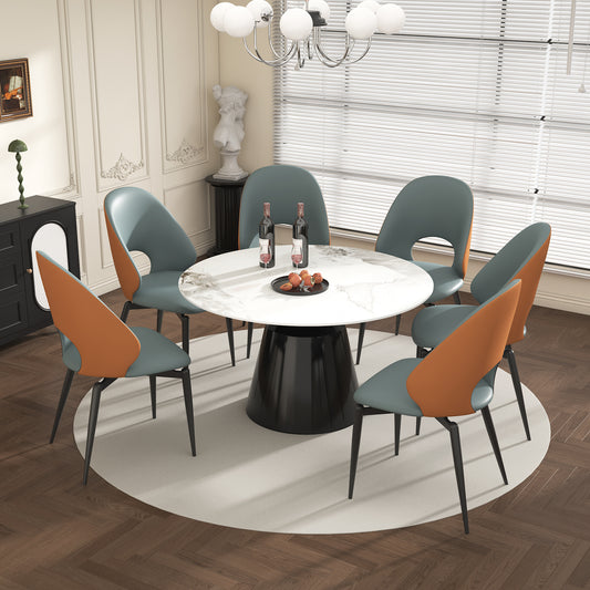53' Marble Round Dining Table, Sintered Stone Round Dining Table with Stainless Steel Cone Base, Sturdy Dining Table for Kitchen Dining Room for 4-6 people (with 6 Gray Chairs)