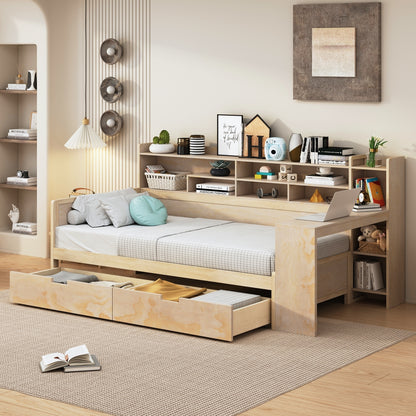 Wooden Twin Size Daybed with Storage Shelves, Multi-functional Bed with Two Storage Drawers and  Study Desk, Natural (Old SKU: HL000189AAM)