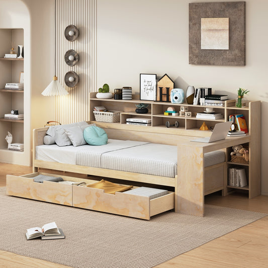 Wooden Twin Size Daybed with Storage Shelves, Multi-functional Bed with Two Storage Drawers and  Study Desk, Natural (Old SKU: HL000189AAM)